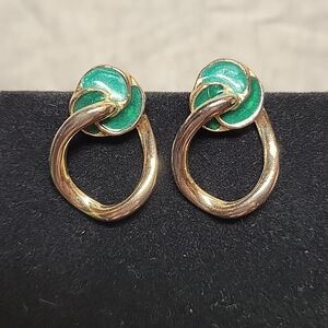 Gold Tone and Green Enamel Pierced Earrings